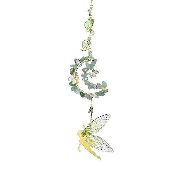 

PandaHall Wire Wrapped Natural Green Aventurine & Aquamarine Chip & Brass Moon Hanging Ornaments, Resin Elf Tassel for Garden Outdoor...