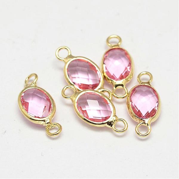 

PandaHall Oval Faceted Golden Brass Glass Links connectors, Flamingo, 15x7x3.2mm, Hole: 1mm Glass Oval Pink