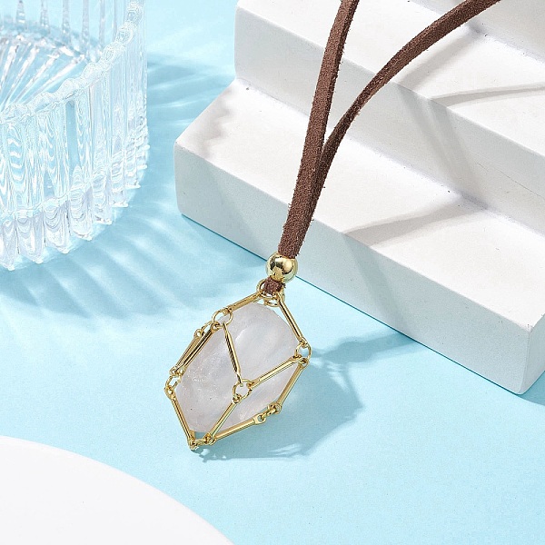 

PandaHall Crystal Holder Cage Necklaces, Brass Bar Connected Pouch Empty Stone Holder for Pendant Necklace Making, Faux Suede Cord Necklace...