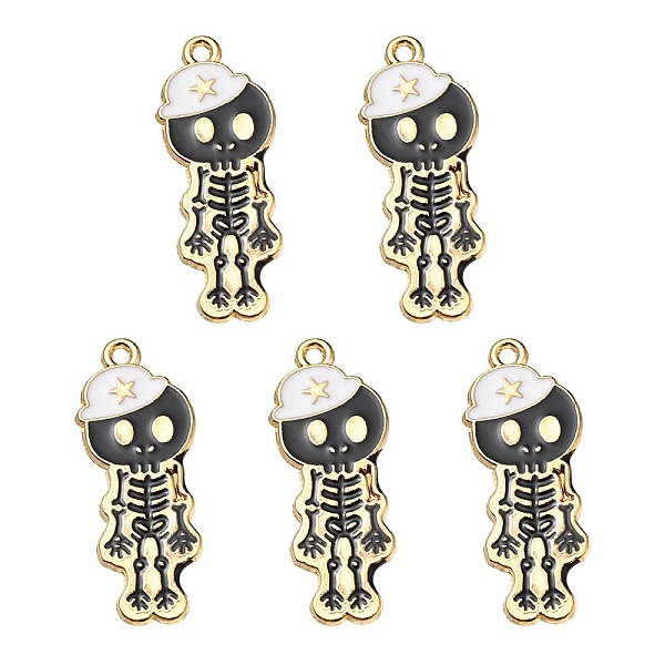 

PandaHall 5Pcs Alloy Enamel Pendants, Skeleton with Hat Charm, Golden, White, 32.5x13x1.5mm, Hole: 1.6mm Alloy+Enamel Others White