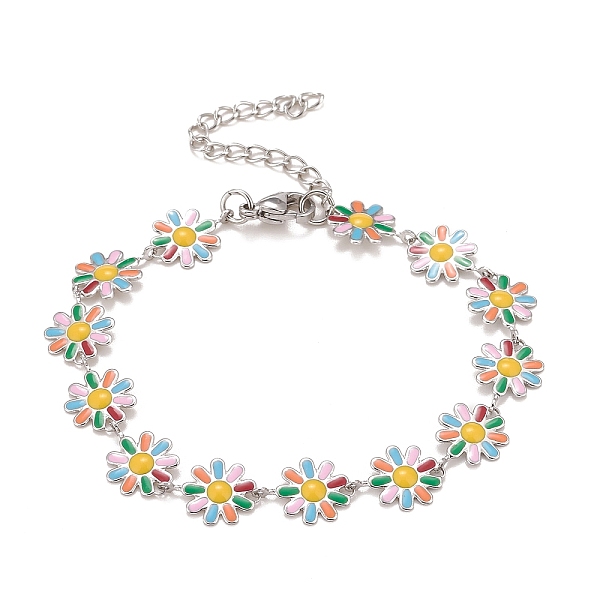 

PandaHall Enamel Daisy Link Chains Bracelet, 304 Stainless Steel Jewelry for Women, Stainless Steel Color, Colorful, 7-1/4 inch(18.4cm) 304..., Green