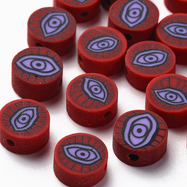 

PandaHall Handmade Polymer Clay Beads, Flat Round with Eye, FireBrick, 9~10x4~5mm, Hole: 1.8mm Polymer Clay Flat Round Red