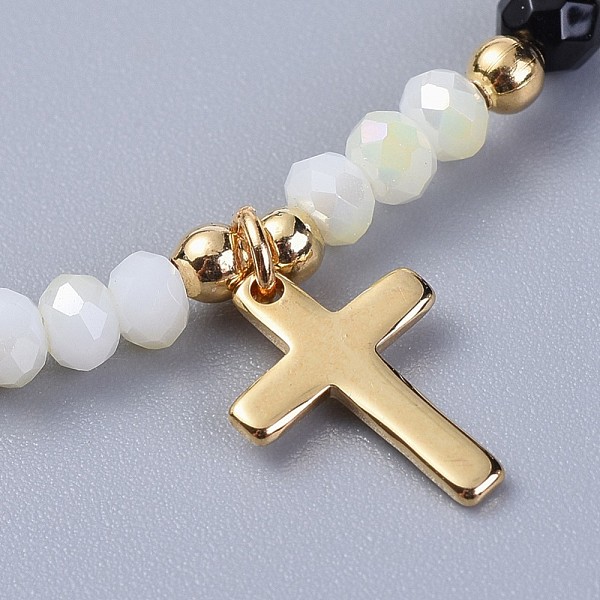 

PandaHall Electroplate Glass Beads Stretch Bracelets, with Natural Black Agate and Brass Finding, Cardboard Box, Cross, 2-1/8 inch(5.5cm)...