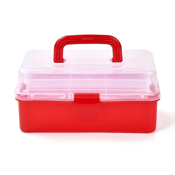 PandaHall Rectangle Portable PP Plastic Storage Box, with 3-Tier Fold Tray, Tool Organizer Handled Flip Container, Red, 15.5x28x12.5cm...