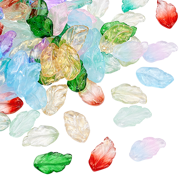 

PandaHall Transparent Spray Painted Glass Pendants, Leaf, Mixed Color, 29x17x5mm, Hole: 1.4mm, 100pcs/box Glass Leaf Multicolor