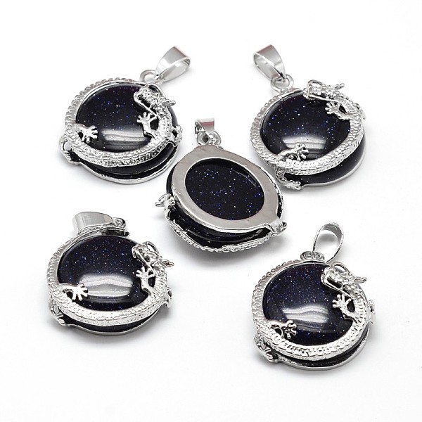 

PandaHall Flat Round with Dragon Platinum Plated Brass Synthetic Blue Goldstone Pendants, Cadmium Free & Lead Free, 26.5x24x9mm, Hole: 7x4mm...