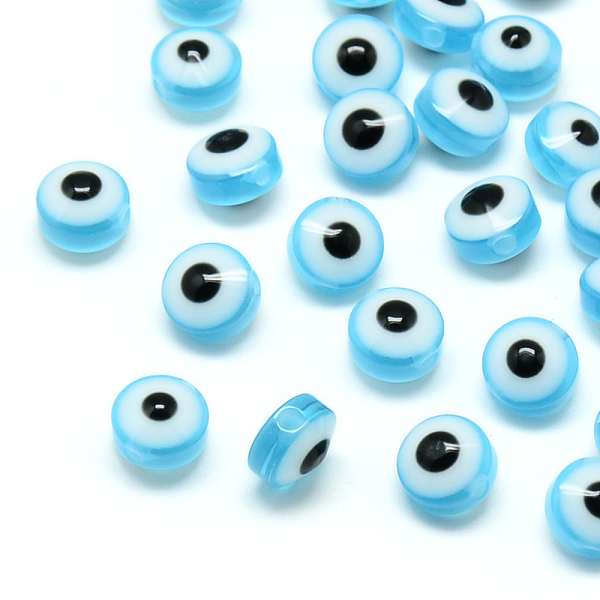 

PandaHall Resin Beads, Flat Round, Evil Eye, Light Sky Blue, 7.5~8x5~6mm, Hole: 1.8~2mm Resin Evil Eye Blue