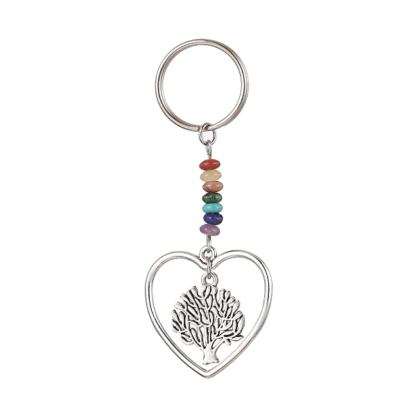 

PandaHall Heart Alloy Pendant Keychain, with Chakra Gemstone Chip and Iron Split Key Rings, Tree of Life, 7.4cm Alloy Tree of Life