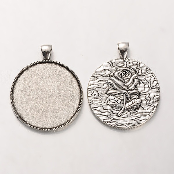 

PandaHall Tibetan Style Alloy Pendant Cabochon Settings, Cadmium Free & Lead Free, Flat Round with Rose Pattern, Antique Silver, 46x37x3mm...