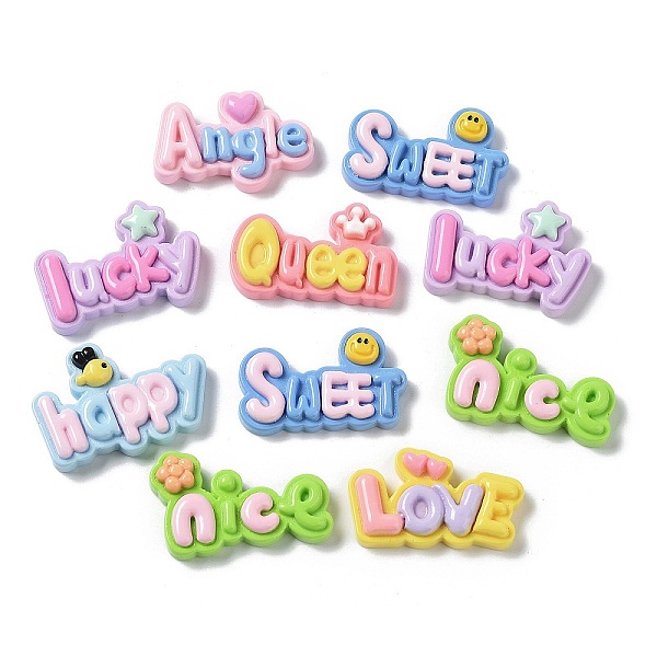 

PandaHall Opaque Resin Cabochons, Cartoon Word, Mixed Color, 19.5~23x30~31.5x6~6.5mm Resin Word Multicolor