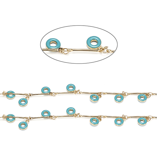 

PandaHall Brass Bar Link Chains, with Enamel Charms and Spool, Soldered, Long-Lasting Plated, Donut, Real 18K Gold Plated, Turquoise, 15x1mm..., Green