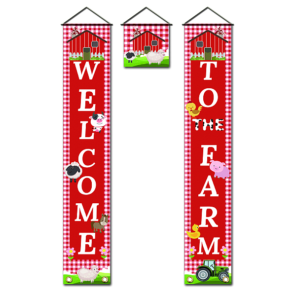 PandaHall Polyester Hanging Sign for Home Office Front Door Porch Decorations, Rectangle & Square, Word Welcome To The Farm, Red, 180x30cm...
