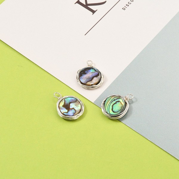

PandaHall Natural Abalone Shell/Paua Shell Pendants, with Eco-Friendly Copper Wire Wrapped, Flat Round, Platinum, 19.7x15x3.5mm, Hole: 2.3mm...