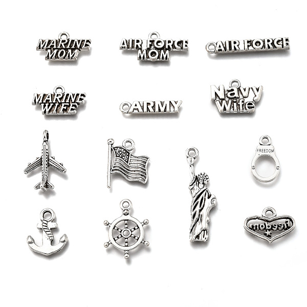 PandaHall 130Pcs 13 Styles Veterans Day Alloy Pendants Sets, Marine Wife & Army & Marine Mom & Navy Wife & Air Force & Freedom & Statue of...