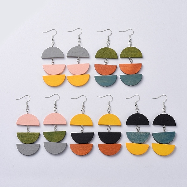 

PandaHall Semicircle Wood Dangle Earrings, with Iron Findings and Brass Earring Hooks, Half Round, Mixed Color, 80mm, Pin: 0.7mm Wood..., Multicolor
