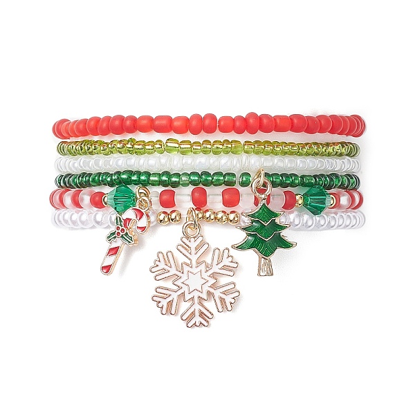 

PandaHall 6Pcs 6 Style Glass Beaded Stretch Bracelets Set, Christmas Tree & Snowflake & Candy Cane Alloy Enamel Charms Stackable Bracelets..., Multicolor
