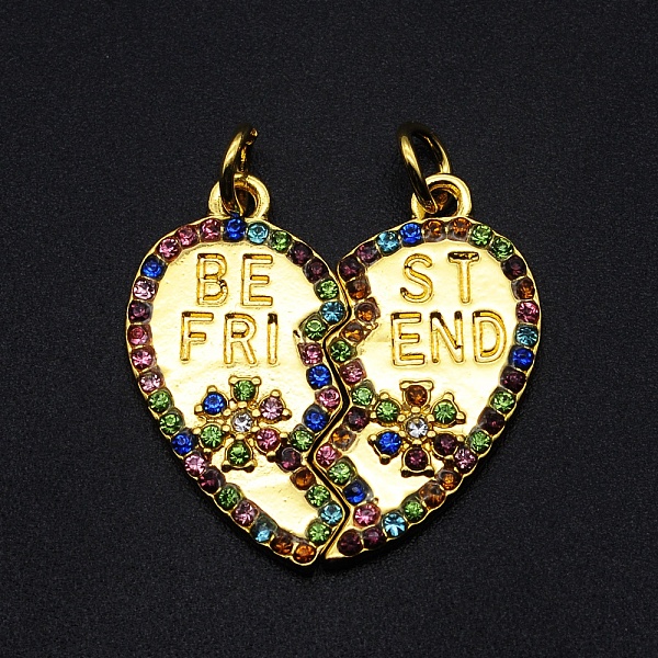 PandaHall Alloy Rhinestone Pendants, with Jump Ring, Heart with Word Best Friend, Golden, Colorful, Single Heart: 23x12x2mm, Hole: 3mm...