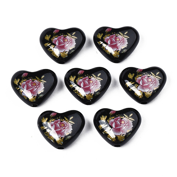 

PandaHall Flower Printed Opaque Acrylic Heart Beads, Black, 16x19x8mm, Hole: 2mm Acrylic Heart Black