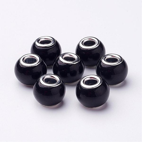 

PandaHall Spray Painted Glass European Beads, with Brass Silver Color Plated Cores, Large Hole Beads, Rondelle, Black, 15x12mm, Hole: 5mm...