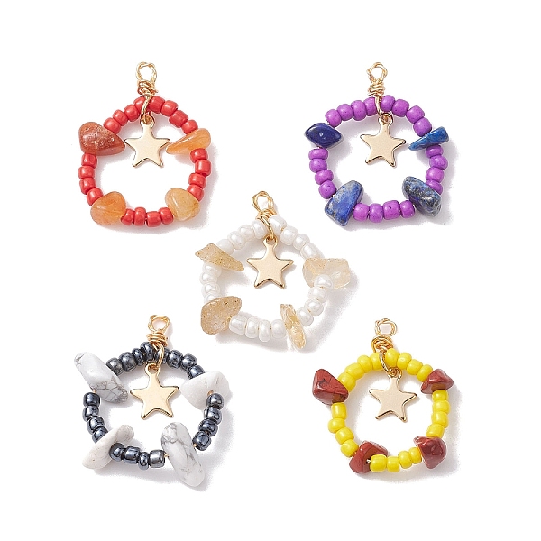 

PandaHall Natural Mixed Gemstone Chips & Glass Seed Pendants, with 304 Stainless Steel Loops, Ring with Star Charms, 28~30x22~25x6~8mm, Hole..., Multicolor