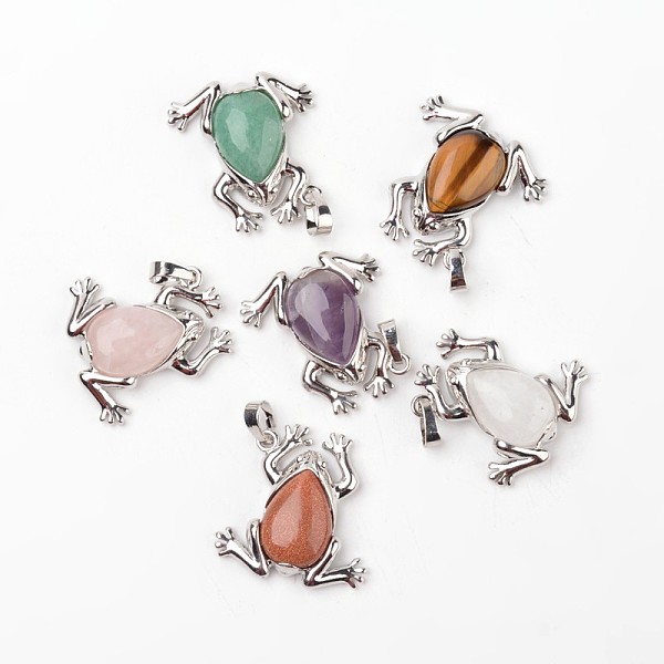 

PandaHall Frog Natural & Synthetic Mixed Stone Pendants, with Brass Findings, Platinum, 30x29x7mm, Hole: 7x5mm Mixed Stone Frog
