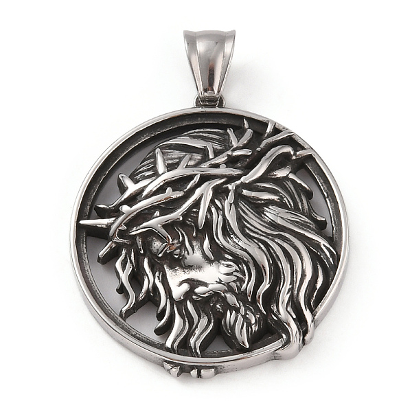 

PandaHall 304 Stainless Steel Pendants, with 201 Stainless Steel Snap on Bails, Flat Round with Jesus Charms, Antique Silver, 38x34x7mm...
