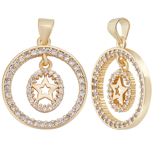 

PandaHall Beebeecraft 5Pcs Brass Micro Pave Clear Cubic Zirconia Pendants, Long-Lasting Plated, Flat Round with Star Charm, Real 18K Gold...