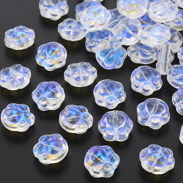 

PandaHall Transparent Electroplate Glass Beads, AB Color Plated, Paw Print, Clear AB, 13.5x15x8.5mm, Hole: 1.2mm Glass Paw Print White