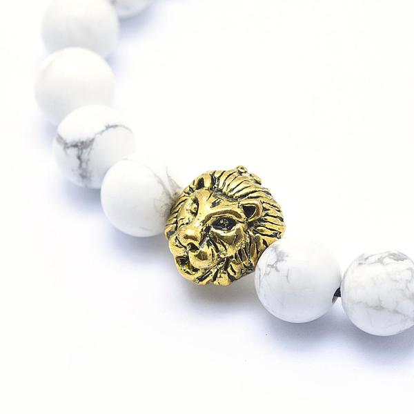 

PandaHall Frosted Howlite Beads Braided Bead Bracelets, with Alloy Lion Beads and Nylon Cord, 2-1/4 inch(57mm) Howlite White