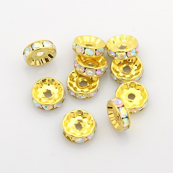 pandahall brass rhinestone spacer beads, grade a, straight flange, golden metal color, rondelle, crystal ab, 10x4mm, hole: 2mm...