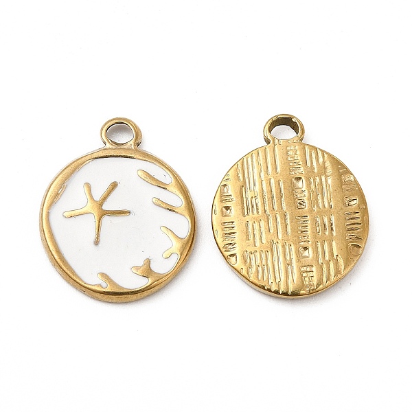 

PandaHall Vacuum Plating 201 Stainless Steel Enamel Pendants, Real 18K Gold Plated, Flat Round with Starfish Charm, White, 19x15x2mm, Hole...