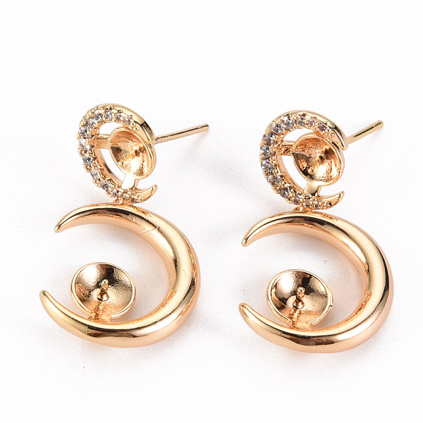 

PandaHall Brass Micro Pave Clear Cubic Zirconia Stud Earring Findings, for Half Drilled Bead, Nickel Free, Moon, Real 18K Gold Plated...