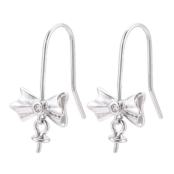 Anti-Tarnish Rhodium Plated 925 Sterling Silver Earring Hooks, with Clear Cubic Zirconia, Ear Wire with Pinch Bails, for Half Drilled Beads, with S925 Stamp, Bowknot, Platinum, 20.5x10-12x0.6mm, Pin: 0.6mm, tray pin: 0.6mm, bowknot...