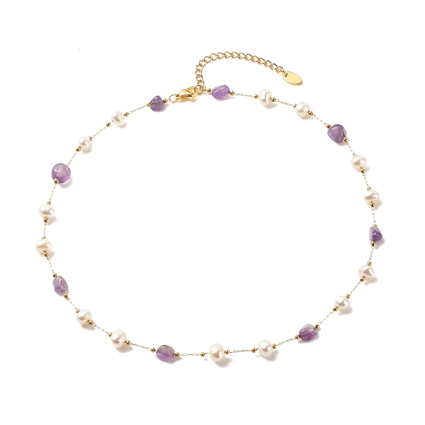

PandaHall Natural Amethyst & Pearl Beaded Necklace, Gold Plated Stainless Steel Jewelry for Women, 15.98~16.14 inch(40.6~41cm) Amethyst