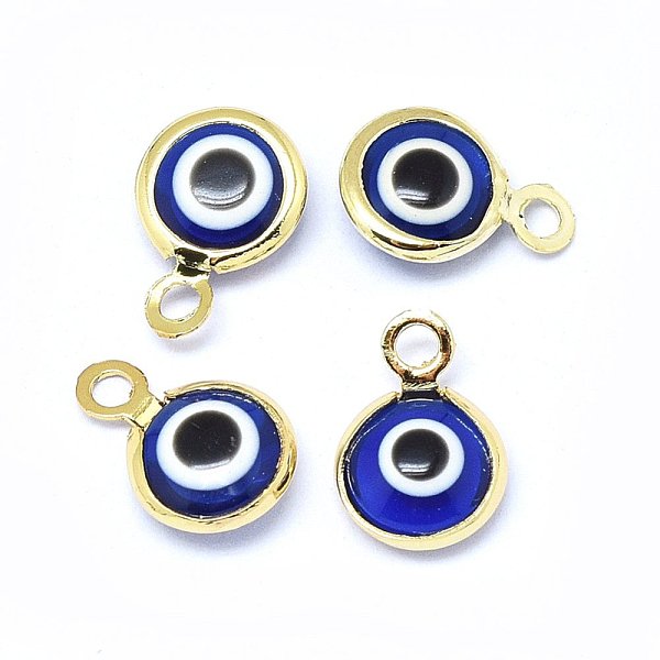 

PandaHall Handmade Evil Eye Lampwork Charms, with Brass Findings, Flat Round, Blue, Real 18K Gold Plated, 10x6.5x3mm, Hole: 1.5mm...