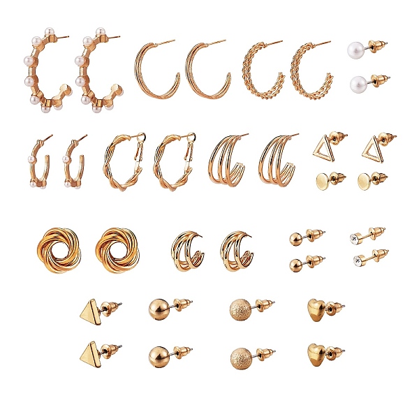 

PandaHall 17 Pairs 17 Style Ring & Triangle & Round & Heart Stud Earrings with Resin Pearl, Open Half Hoop Earrings with Rhinestone for...