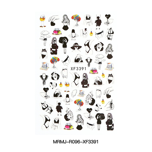 

PandaHall Environmental Nail Art Stickers for Valentine's Day, DIY Nail Tips Decoration, Black, Women Pattern, 95x64mm Paper Human Black
