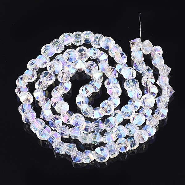 

PandaHall Electroplated Glass Beads Strands, AB Color Plated, Faceted, Diamond, Clear AB, 6x5mm, Hole: 1mm, about 100pcs/strand, 17.12 inch..., White