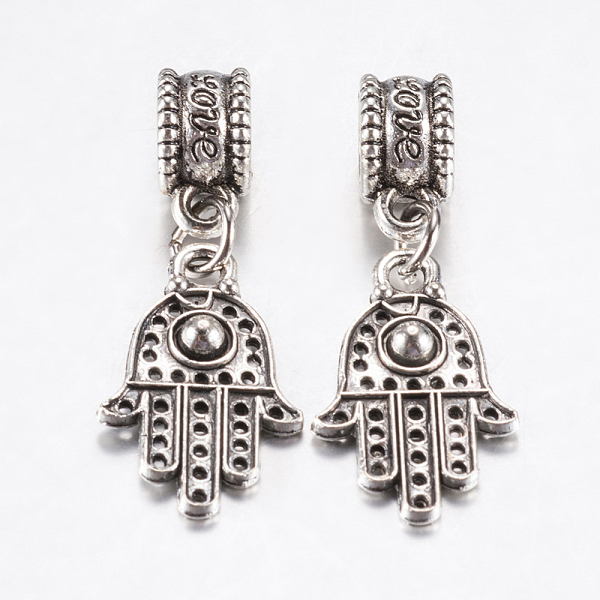 

PandaHall Tibetan Style Alloy European Dangle Charms, Large Hole Pendants, Hamsa Hand/Hand of Miriam, Antique Silver, 30mm, Pendant...