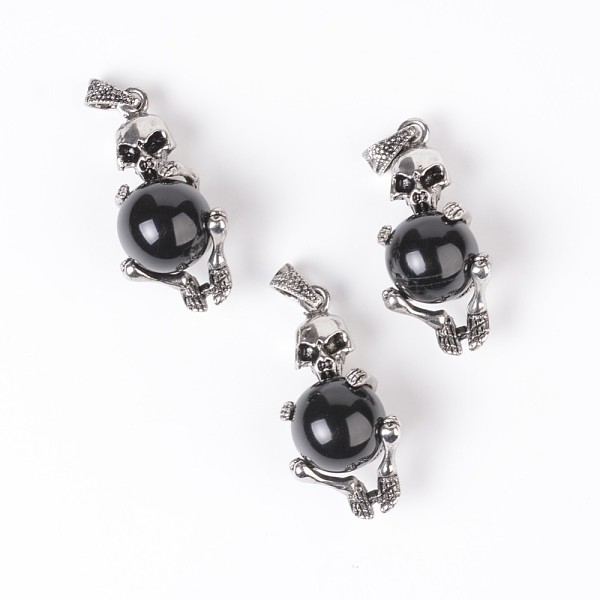 

PandaHall Natural Black Agate Pendants, with Alloy Findings, Skull, Antique Silver, 41~43x19~20x17~19mm, Hole: 4x7mm Black Agate Skull