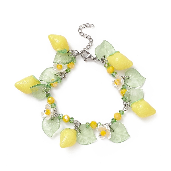 

PandaHall Lemon & Leaf & Flower Resin & Acrylic Charm Bracelet, 304 Stainless Steel Jewelry for Women, Green Yellow, 7-1/2 inch(19cm) Resin...