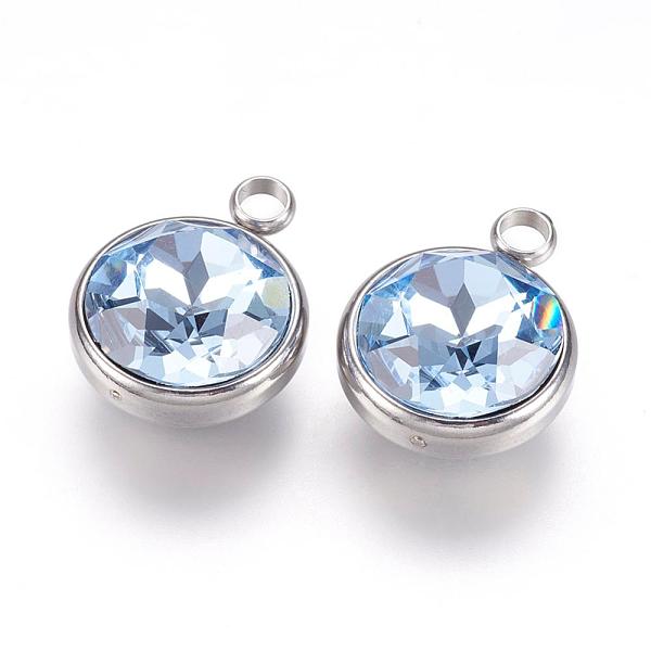 

PandaHall K9 Glass Rhinestone Pendants, March Birthstone Charms, with 304 Stainless Steel Findings, Flat Round, Light Blue, 18x14x9mm, Hole...
