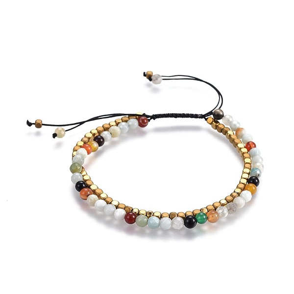 

PandaHall Natural Flower Amazonite Beads Multi-Strand Bracelets, with Electroplate Non-magnetic Synthetic Hematite Bead, Nylon Thread, 2-1/8...