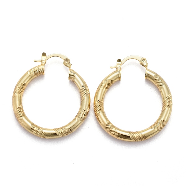 

PandaHall Brass Hoop Earring, Long-Lasting Plated, Textured Ring Shape, Real 18K Gold Plated, 33.5x30x4mm, Pin: 1mm Brass Ring
