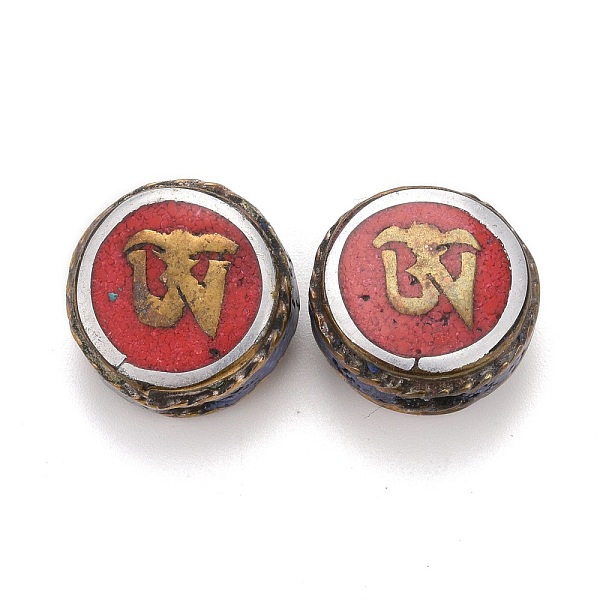 

PandaHall Handmade Tibetan Style Brass Beads, with Synthetic Turquoise, Flat Round, Red, 15.5x8mm, Hole: 1.8mm Brass Flat Round Red