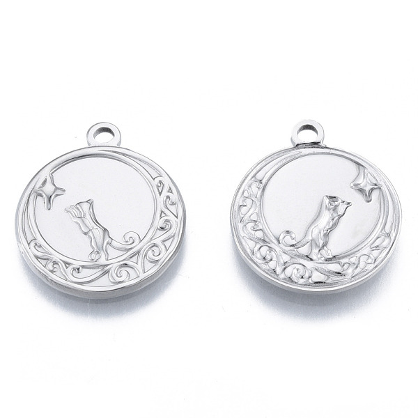 

PandaHall 201 Stainless Steel Pendants, Flat Round with Cat, Stainless Steel Color, 24x20.5x2mm, Hole: 2mm 201 Stainless Steel Flat Round