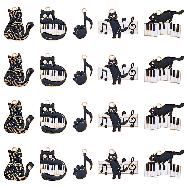 PandaHall SUPERFINDINGS 20Pcs 5 Style Music Theme Charm, Alloy Enamel Pendants, Cat with Piano & Music Scores, Black, 20~28x17~28x1.2mm...