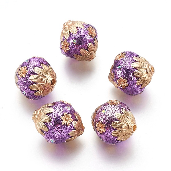 Handmade Indonesia Beads, with Polymer Clay, Rhinestone and Metal Findings, Oval with Flower, Golden, Medium Purple, 20-22x18-19mm, Hole: 2mm