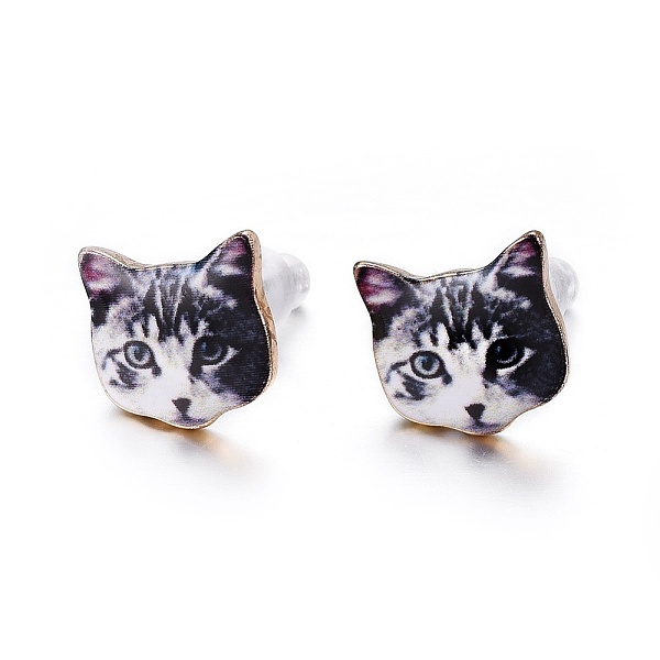 

PandaHall Real 14K Gold Plated Alloy Kitten Stud Earrings, with Enamel and Environment Stainless Steel Pin, Printed, Cat Pattern, Gray...