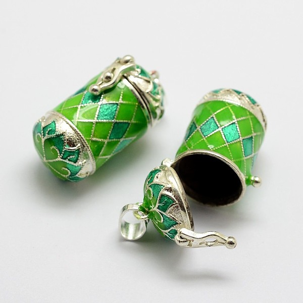 

PandaHall Brass Prayer Box Pendants, with Enamel, Column & Flower, Silver Color Plated, Green, 28x18.5x14.5mm, Hole: 4x6mm Brass Column...